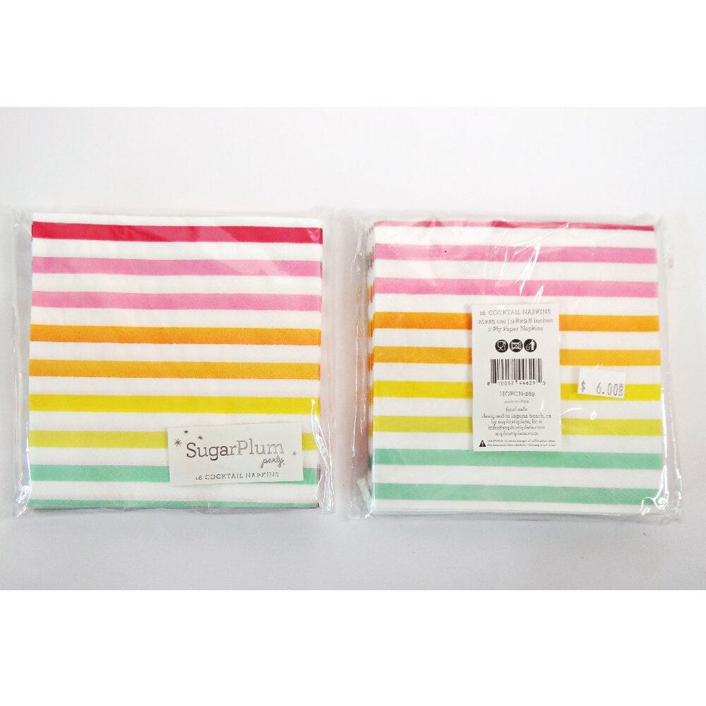 Lot of 2 packages of Rainbow Striped Napkins, 32 count, Sugar Plum Party New